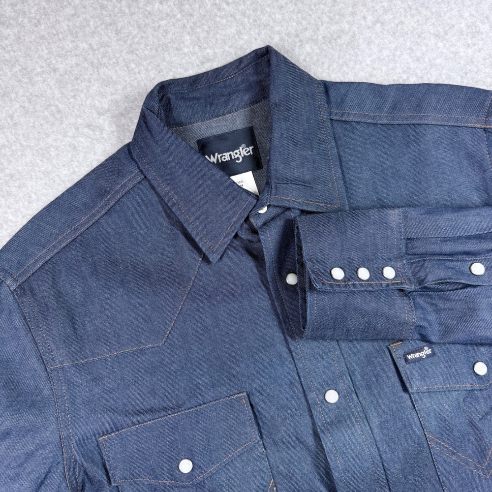 Wrangler Western Snap Shirt Mens 15.5x34 Blue Excellent Pearl Snap Denim 70127MW